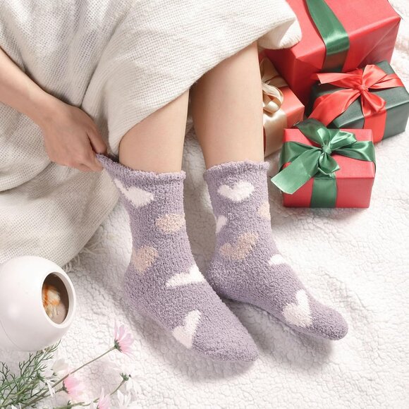 Plush Slipper Socks Women Colorful Warm Fuzzy Crew Socks Cozy Soft Pink Purple - Picture 8 of 8